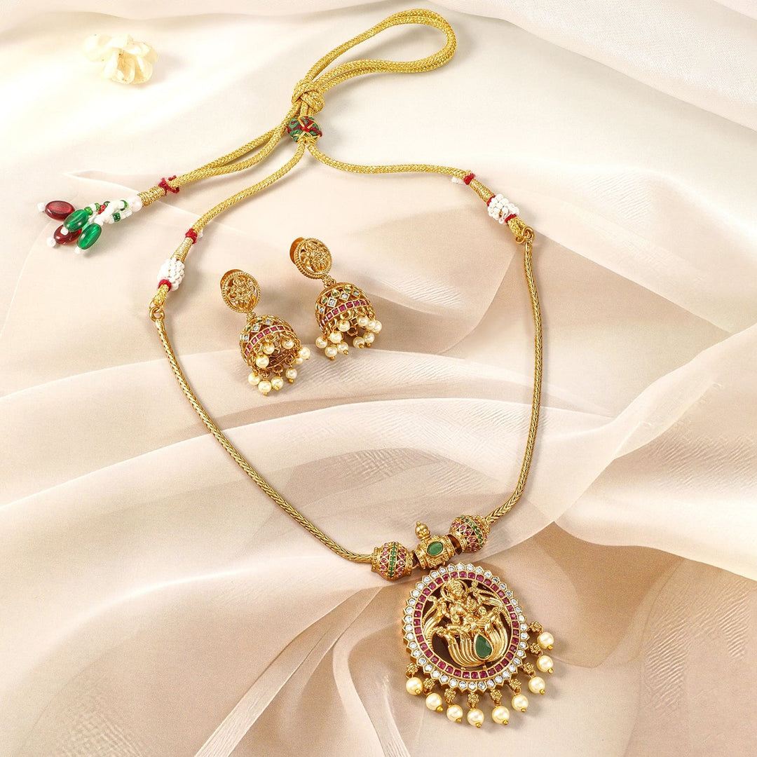 Gold-Plated Ruby, Emerald & CZ Studded Laxmi Temple Necklace Set with Pearl Drop