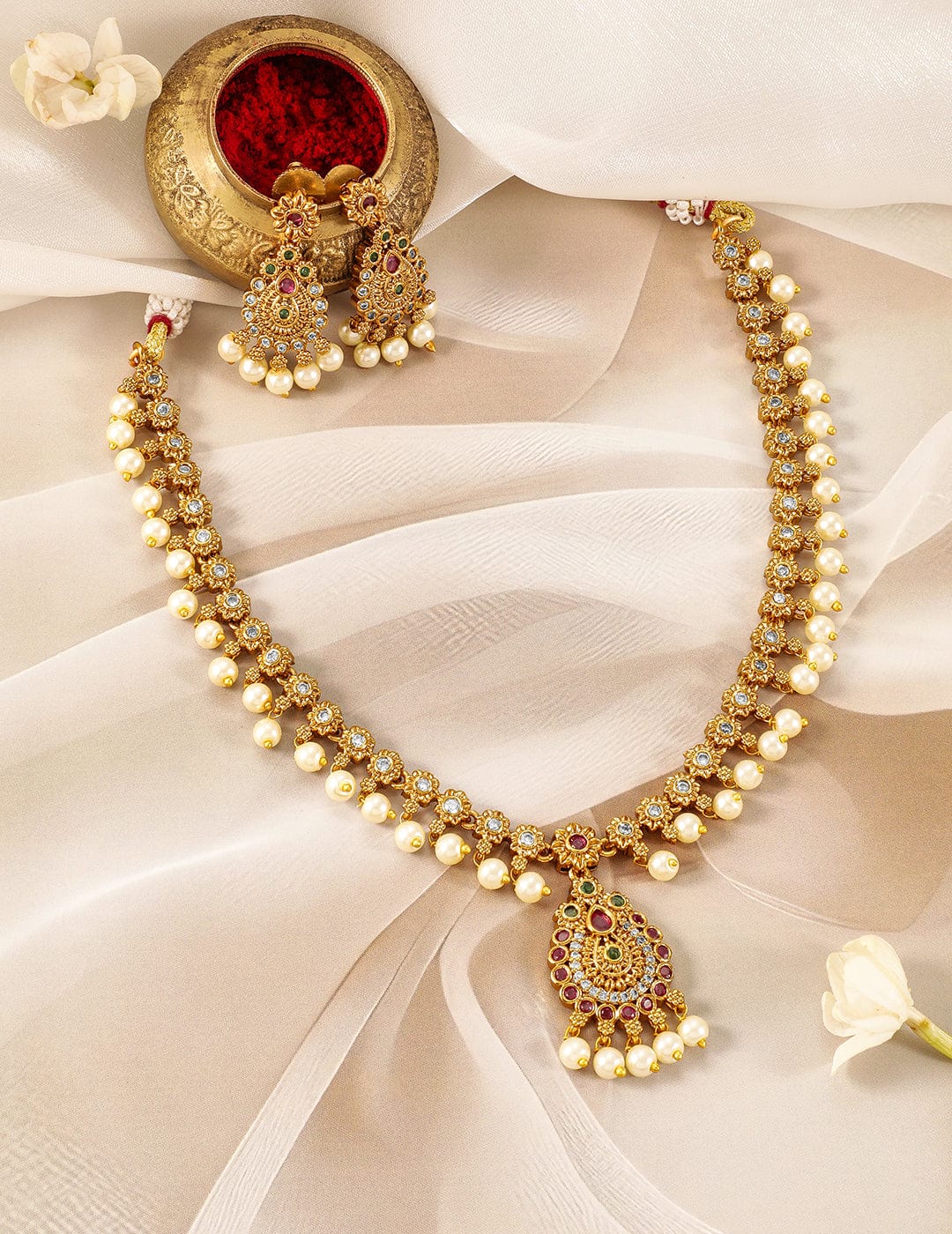 Gold-Plated Ruby & Emerald Kundan and CZ Studded Jewellery Set with Pearl Beads