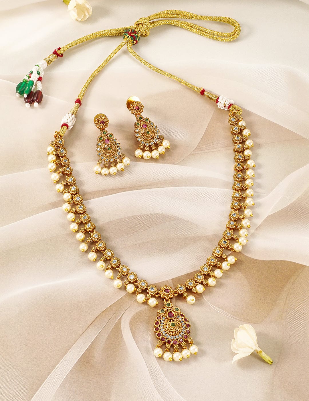 Gold-Plated Ruby & Emerald Kundan and CZ Studded Jewellery Set with Pearl Beads