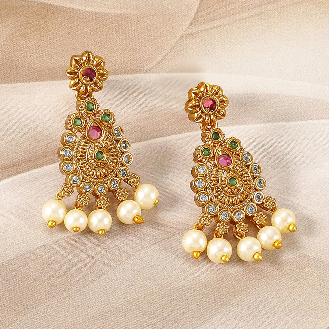 Gold-Plated Ruby & Emerald Kundan and CZ Studded Jewellery Set with Pearl Beads