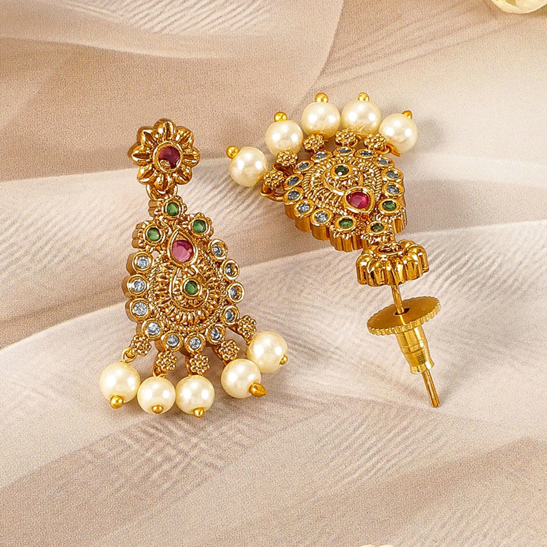 Gold-Plated Ruby & Emerald Kundan and CZ Studded Jewellery Set with Pearl Beads