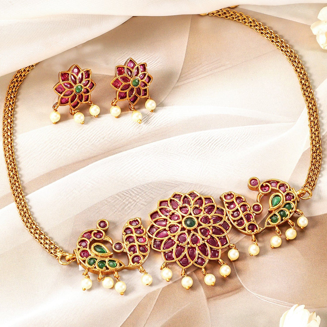 Gold-Plated Ruby Pink & Emerald Kundan Studded Choker set with Pearl Accents