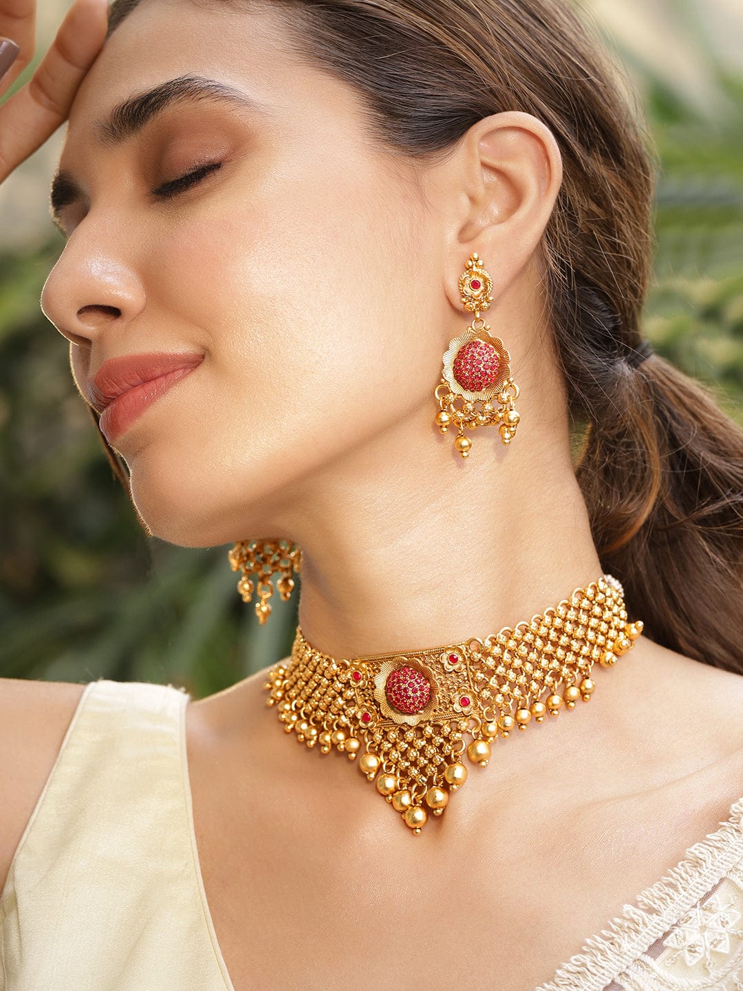 Gold Plated Ruby Stone Studded with Gold Beads Choker Set