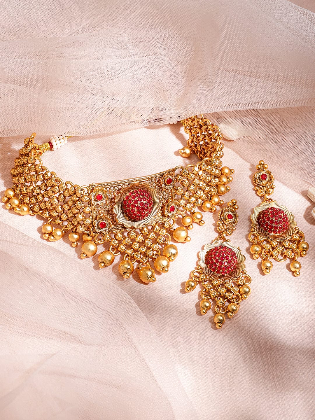 Gold Plated Ruby Stone Studded with Gold Beads Choker Set