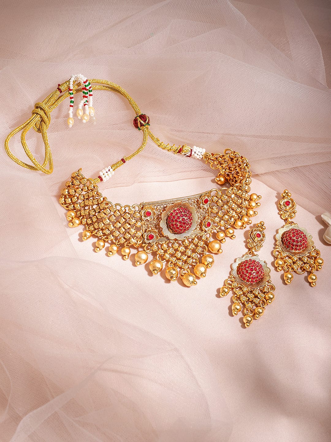 Gold Plated Ruby Stone Studded with Gold Beads Choker Set