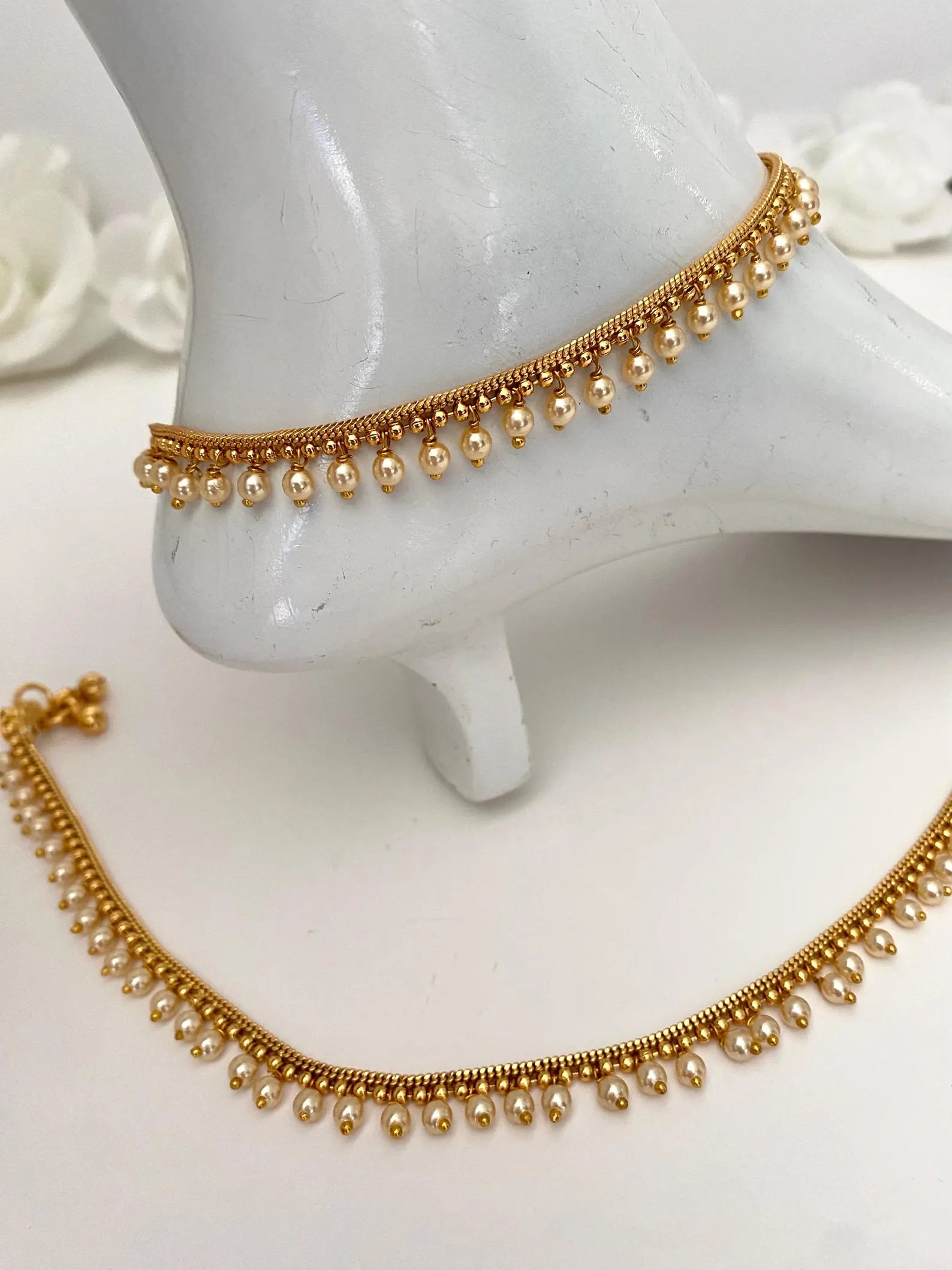 Gold plated pearls ankletsPayal Punjabi Jhanjra with Ghungroo at endsIndian bridal payalgolden Ghungroo PayalPanjebIndian anklets