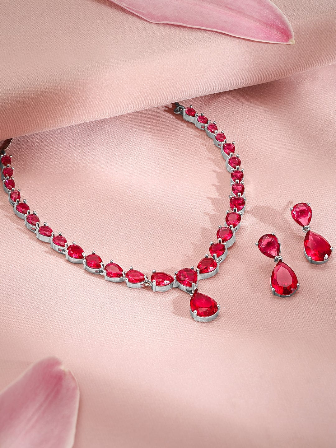 Premium Rhodium Plated Ruby Red Studded Statement Jewellery Set