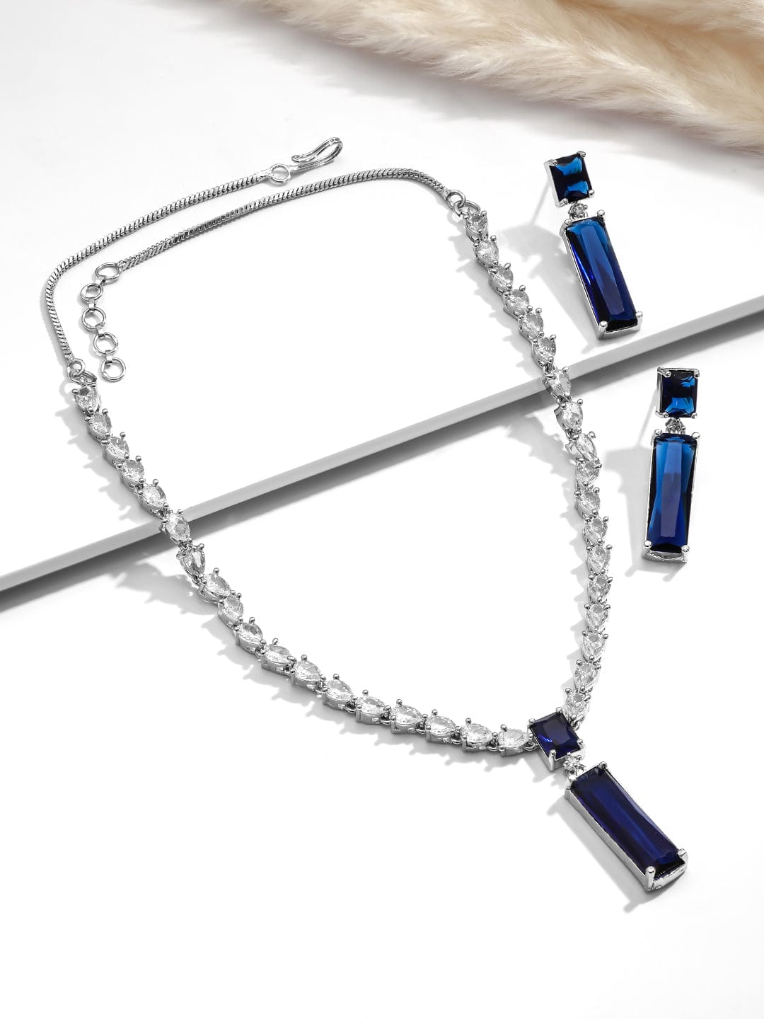 Rhodium Plated CZ Blue Stone Pendant Set