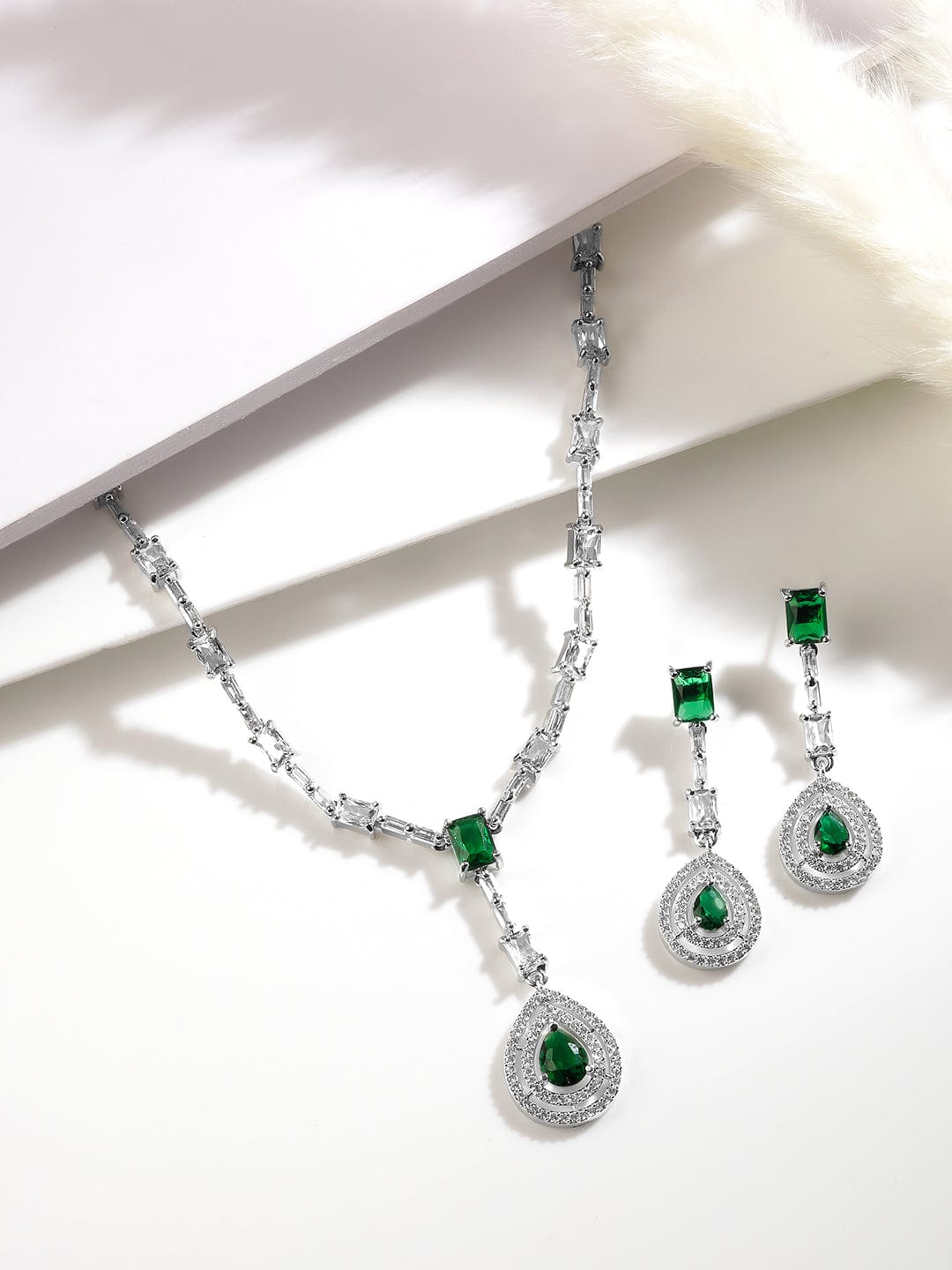 Rhodium Plated Emerald Teardrop Pendant Necklace Set with AD & Cubic Zirconia Studded