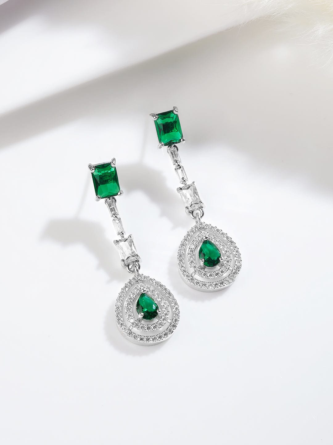 Rhodium Plated Emerald Teardrop Pendant Necklace Set with AD & Cubic Zirconia Studded