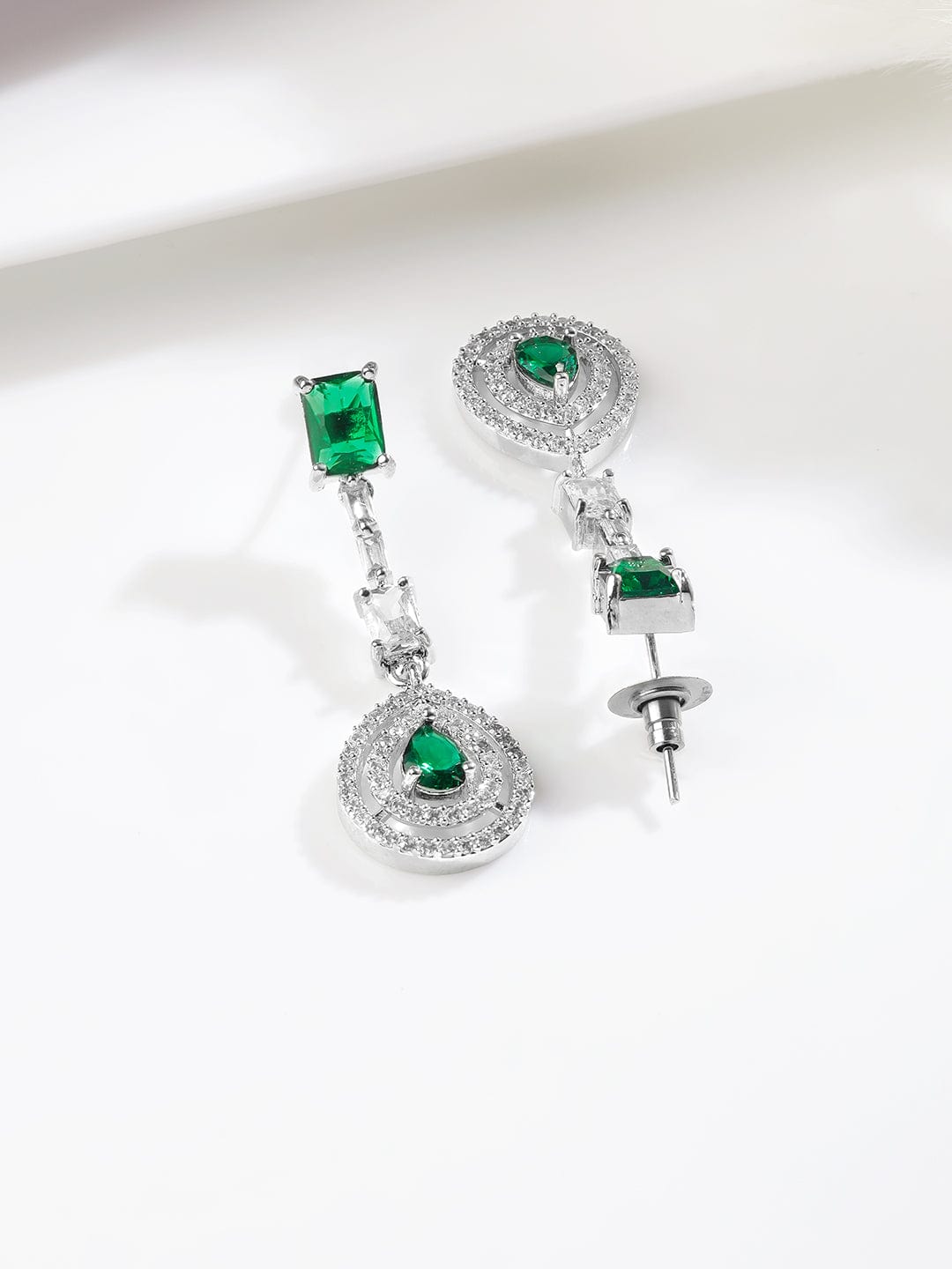 Rhodium Plated Emerald Teardrop Pendant Necklace Set with AD & Cubic Zirconia Studded