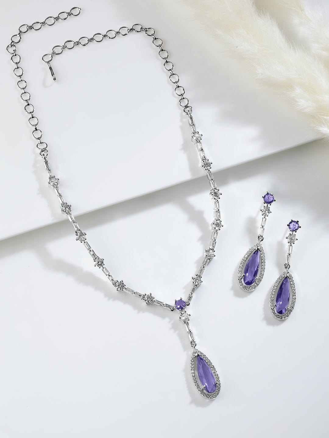 Rhodium Plated Purple Sapphire Teardrop Pendant Necklace Set with AD & Cubic Zirconia