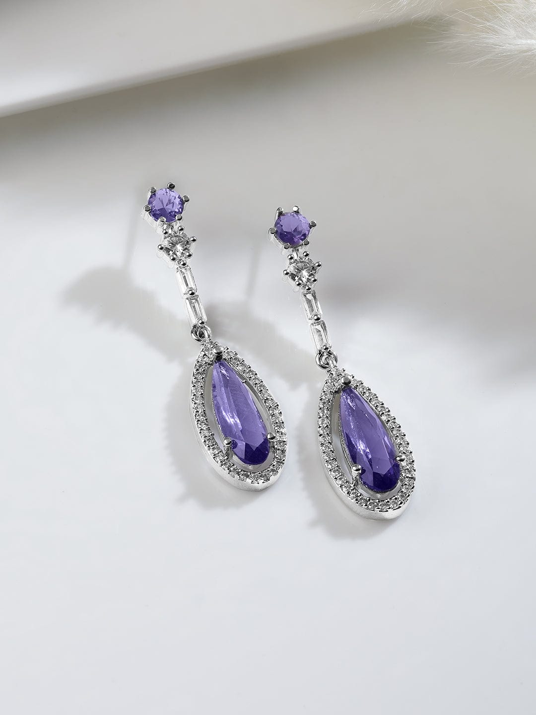 Rhodium Plated Purple Sapphire Teardrop Pendant Necklace Set with AD & Cubic Zirconia