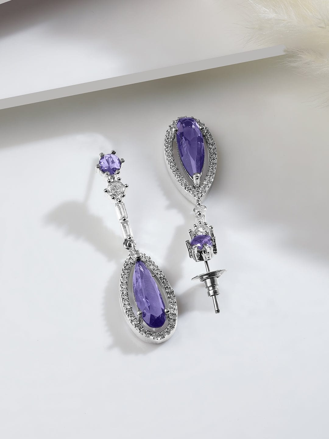 Rhodium Plated Purple Sapphire Teardrop Pendant Necklace Set with AD & Cubic Zirconia