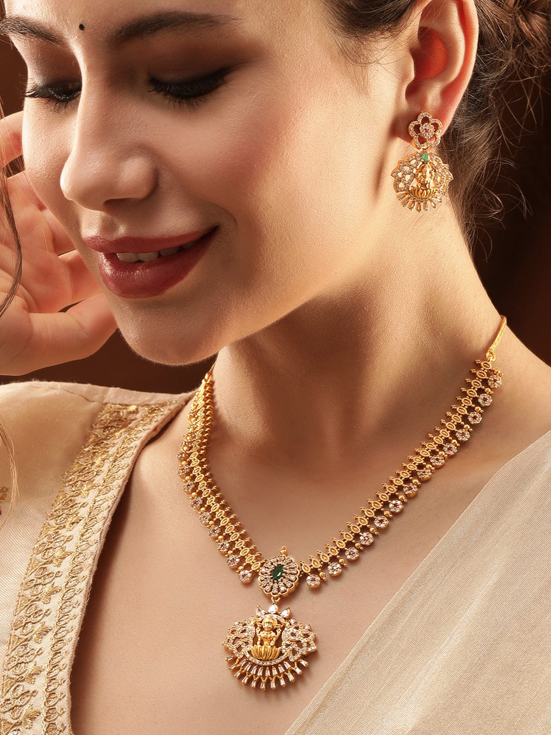 Gold-Plated Goddess Motif Kemp & Zirconia Crystal Studded Pearl Beaded Handcrafted Necklace Set