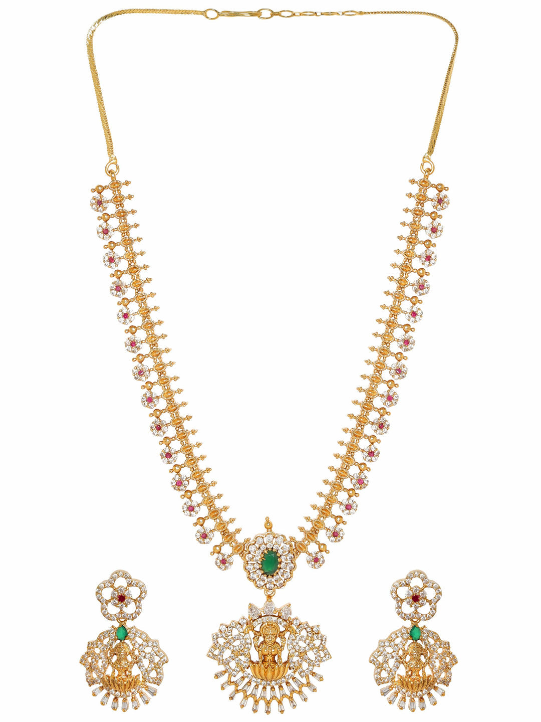 Gold-Plated Goddess Motif Kemp & Zirconia Crystal Studded Pearl Beaded Handcrafted Necklace Set