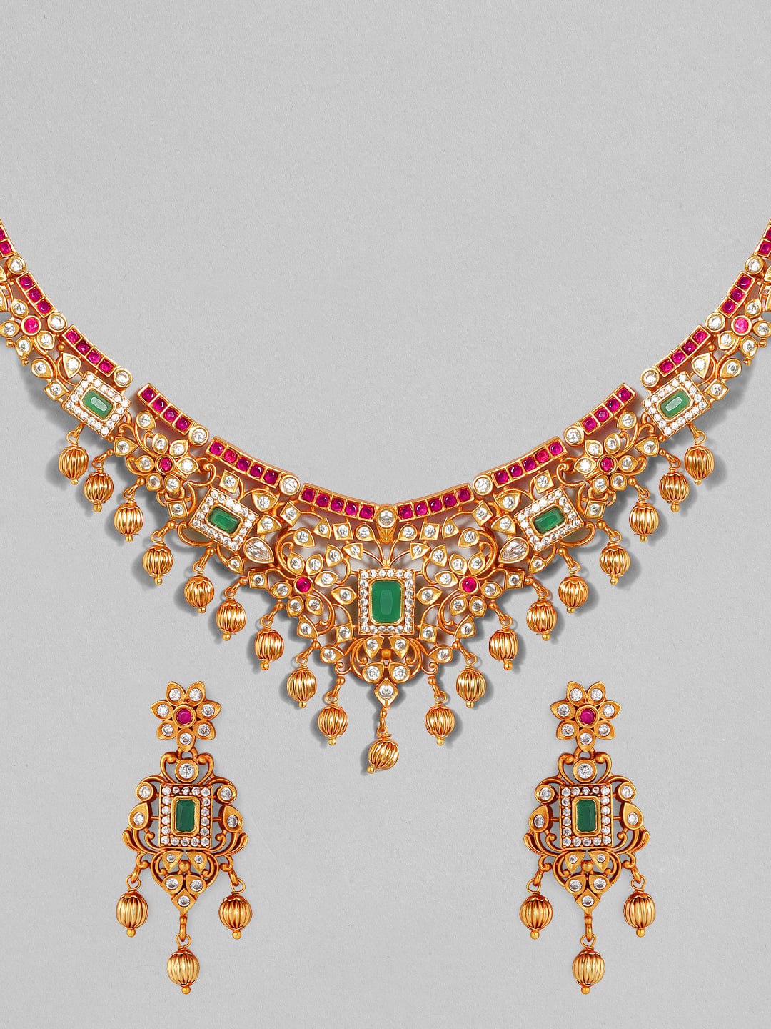 Gold Plated Handcrafted Faux Ruby Stone with Gold Beads Traditional Necklace Set