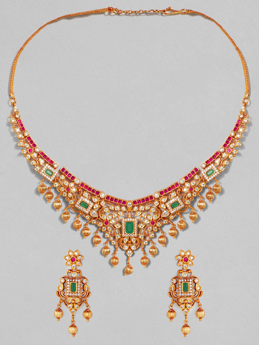 Gold Plated Handcrafted Faux Ruby Stone with Gold Beads Traditional Necklace Set