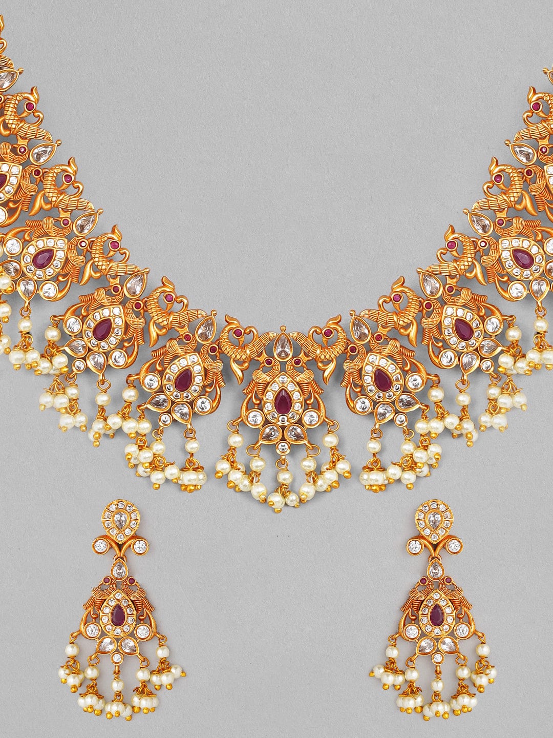 Gold Plated Handcrafted Ruby Stone with Pearls Traditional Necklace Set