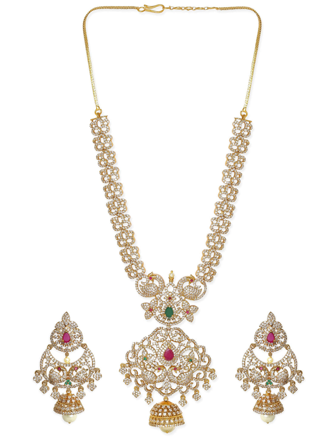 Gold-Plated Peacock Motif Kemp & Zirconia Crystal Studded Handcrafted Necklace Set