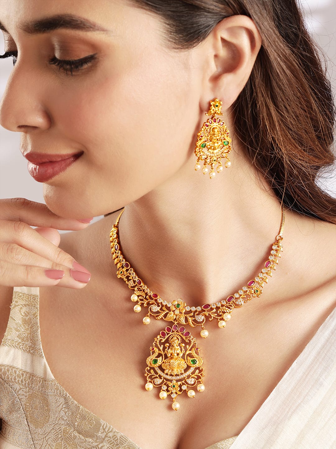 Gold-Plated multicolor CZ studded temple Jewellery Set