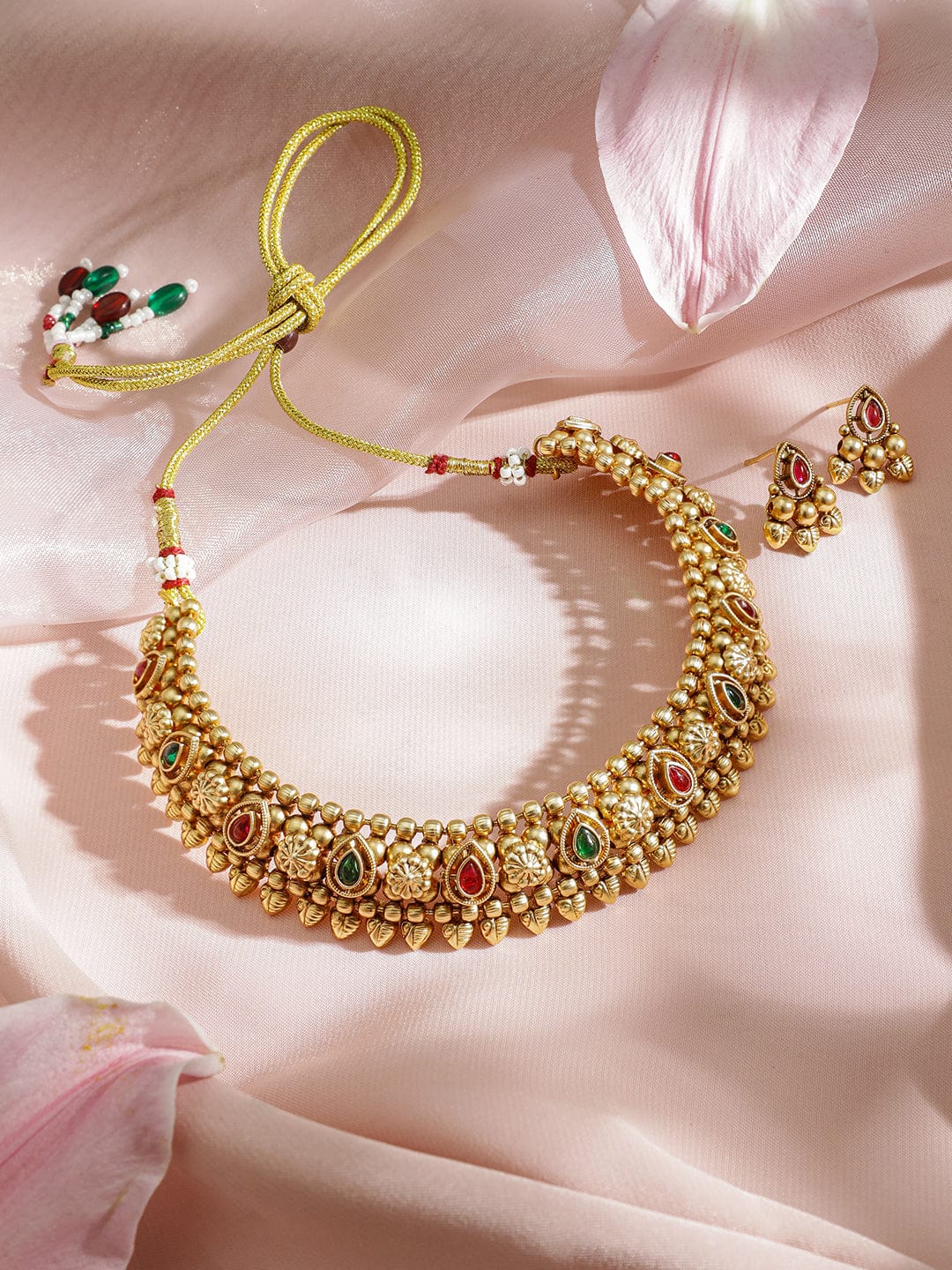 Gold Plated Traditional Temple Necklace Set with Ruby and Emerald Stone Studded