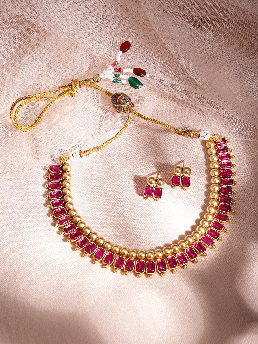 Gold-Plated Brass Red Stone Studded Necklace Set