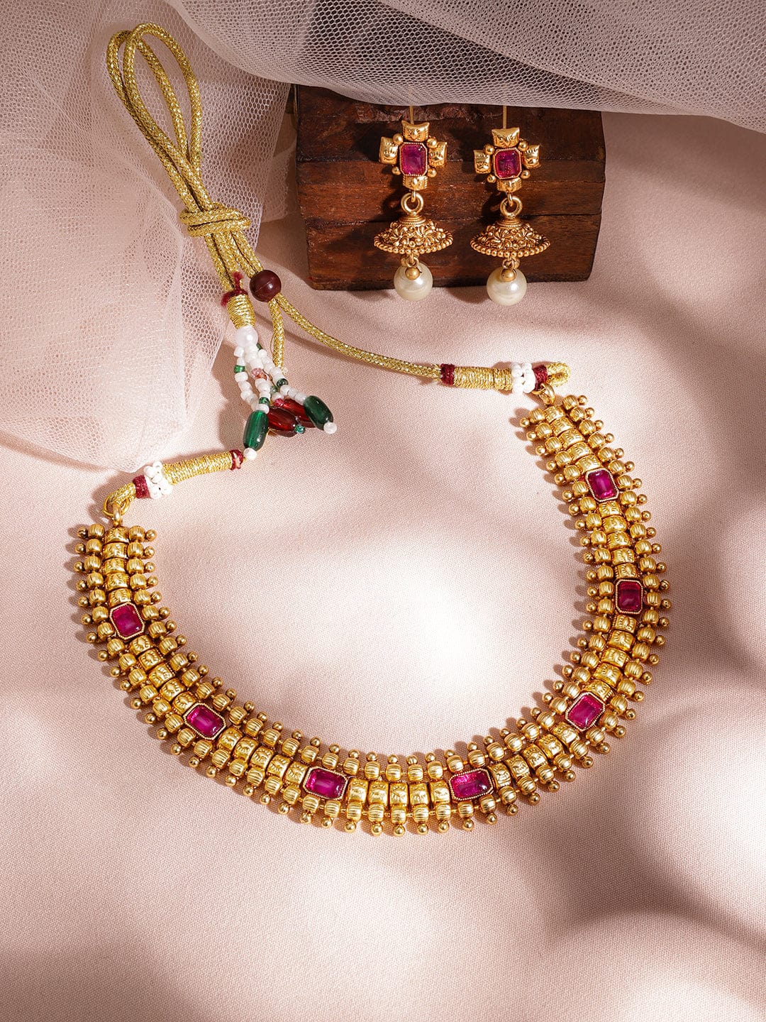 Gold Plated Brass Red Stone Studded Pearls Hanging Layered Necklace Set