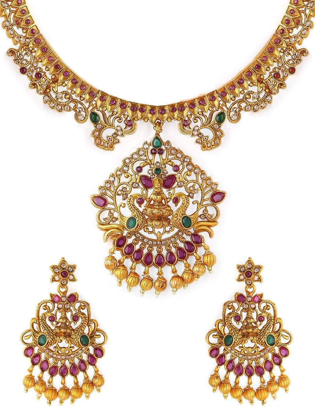 Gold Plated Color Stone Temple Necklace Set