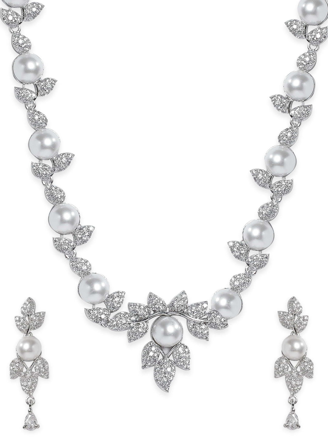 Rhodium plated Pearl & Zirconia studded Flora motif Enchanting Necklace set