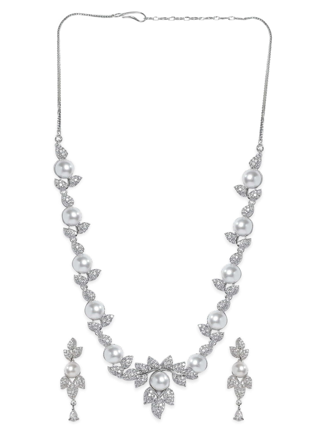 Rhodium plated Pearl & Zirconia studded Flora motif Enchanting Necklace set