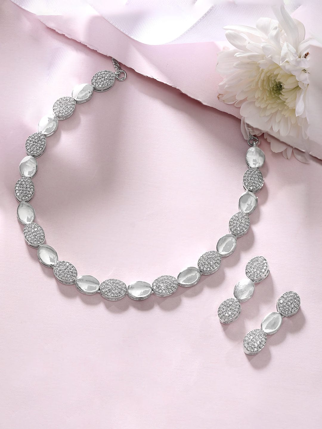 Rhodium Plated Zircon Studded Necklace Set