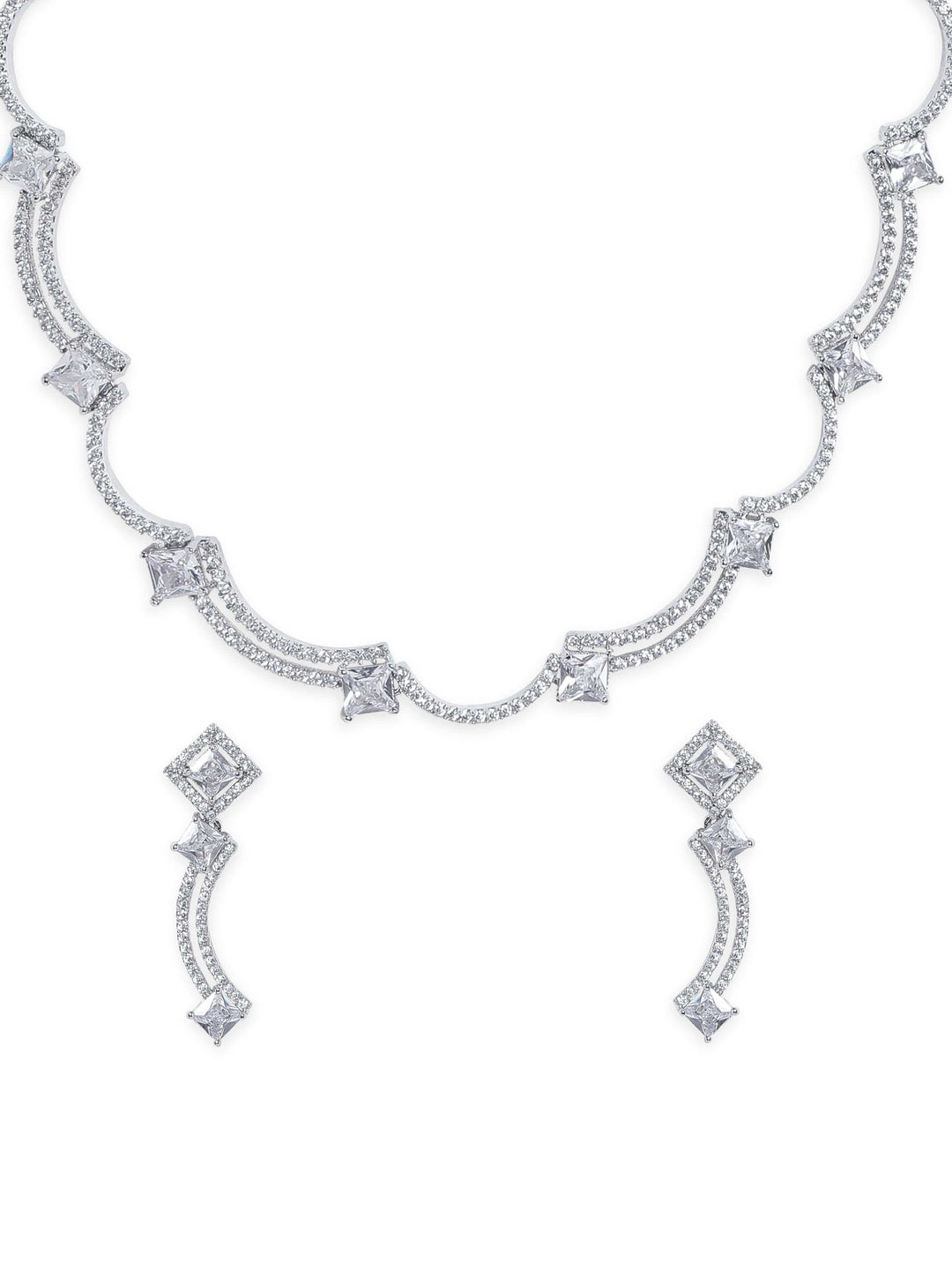 Rhodium Plated Zirconia studded Contemprory Sleek NEcklace set