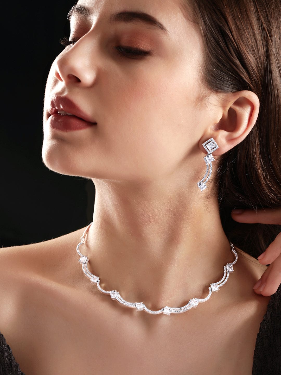 Rhodium Plated Zirconia studded Contemprory Sleek NEcklace set