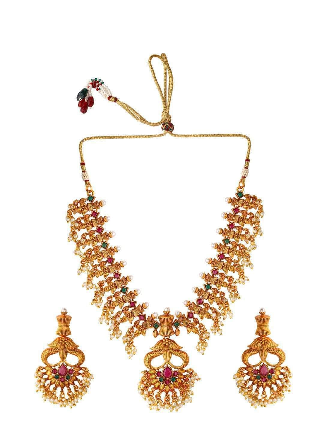 Women Gold-Toned Color Stone Temple Necklace Set