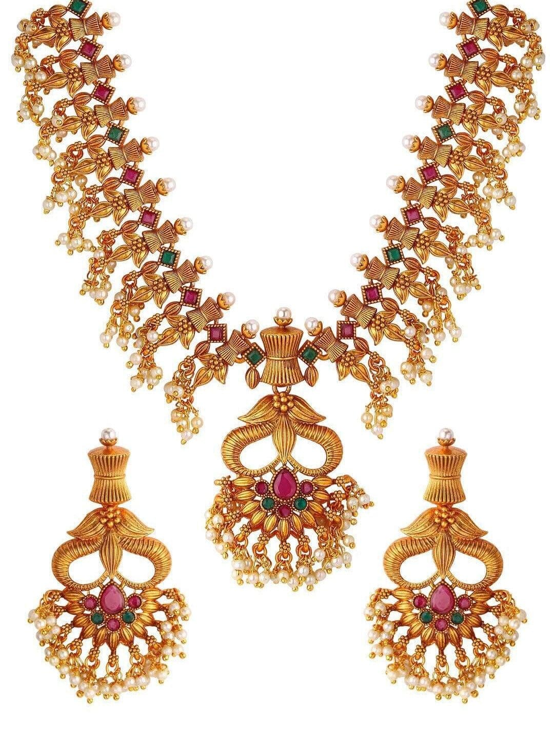 Women Gold-Toned Color Stone Temple Necklace Set