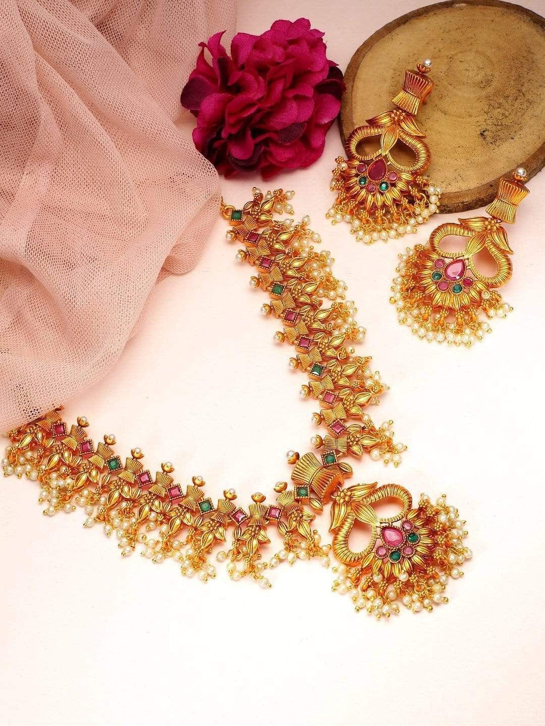 Women Gold-Toned Color Stone Temple Necklace Set